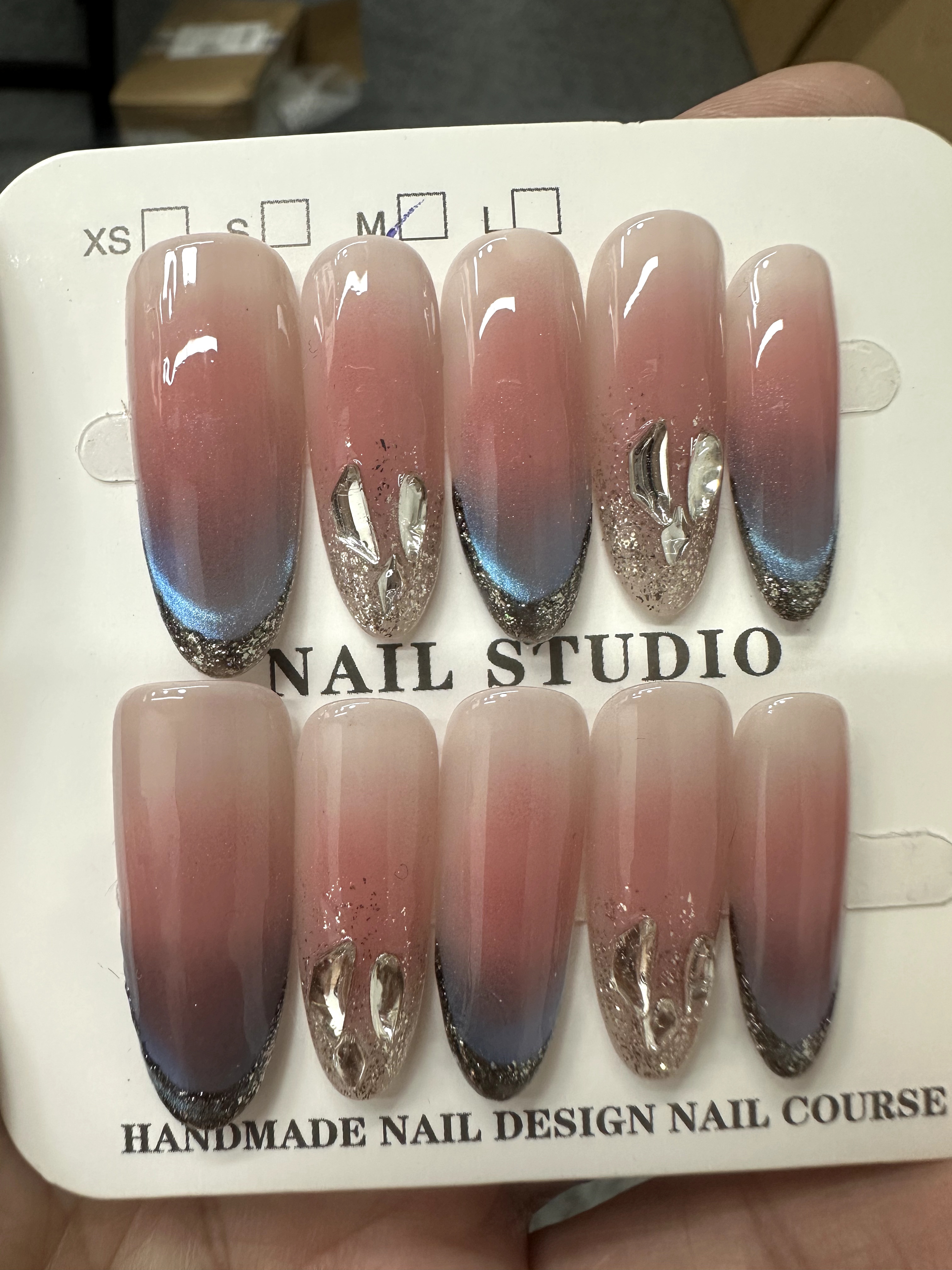 Pink blue crystal press-on nails